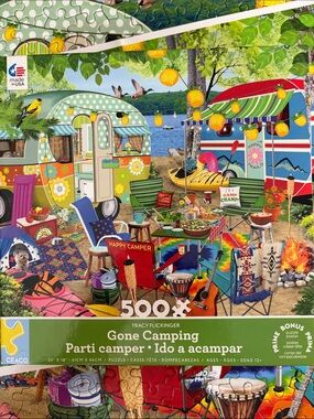🧩 500 larger piece Ceaco “Gone Camping” with poster. Bright colors, fun to work